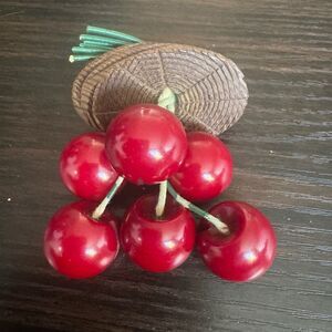 Vintage 1940s Bakelite dangling six-cherry from carved log Brooch Pin